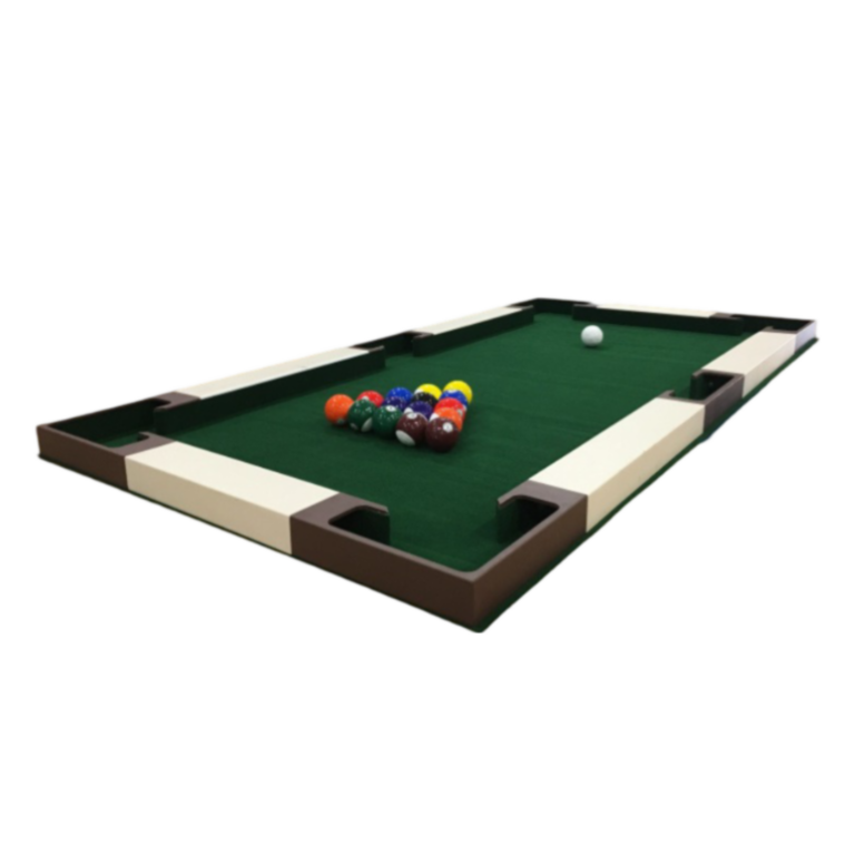 large pool table like structure with soccer balls for humans to play pool on