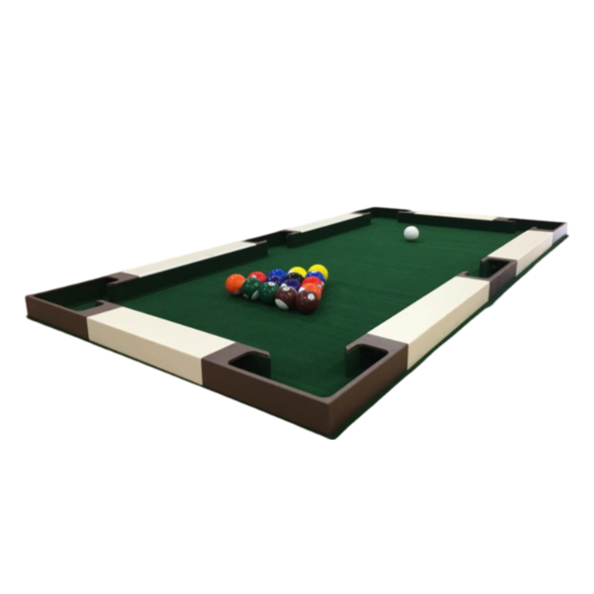 large pool table like structure with soccer balls for humans to play pool on